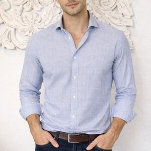 Classic Light Blue Plaid Men's Luxury Button Down Shirt Size Medium